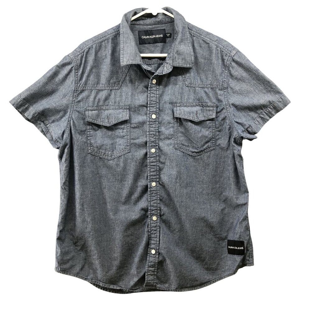 Calvin Klein Utility Shirt Mens XL Blue Cotton Flap Pocket Button Up Western